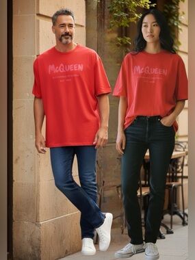 Alexander McQueen Unisex Bright Red Graffiti Logo Tee shirt SZ 46EU/10US/L NWOT